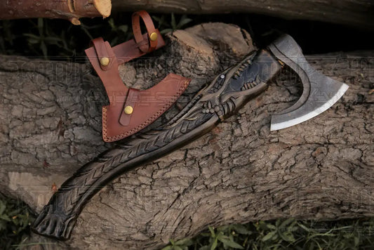 Premium Engraved Custom Hand Forged Carbon Steel Axe With Ash Wood Shaft - Viking Axe