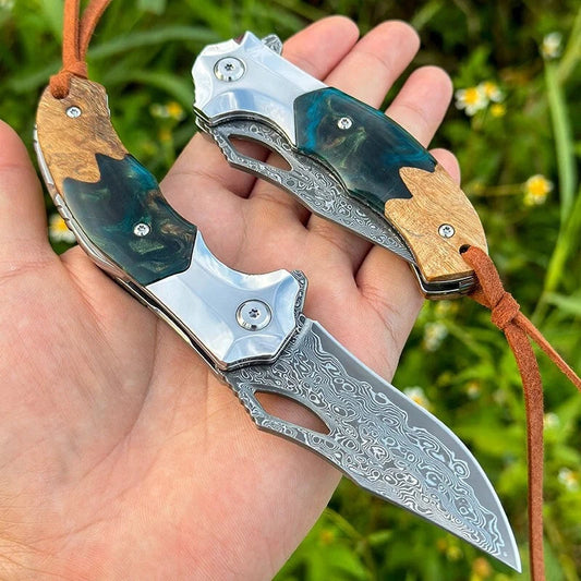 Handmade Damascus Steel Pocket Knife - Folding Knife - Outdoor Camping Hunting Survival Knife EDC White Hills Knives