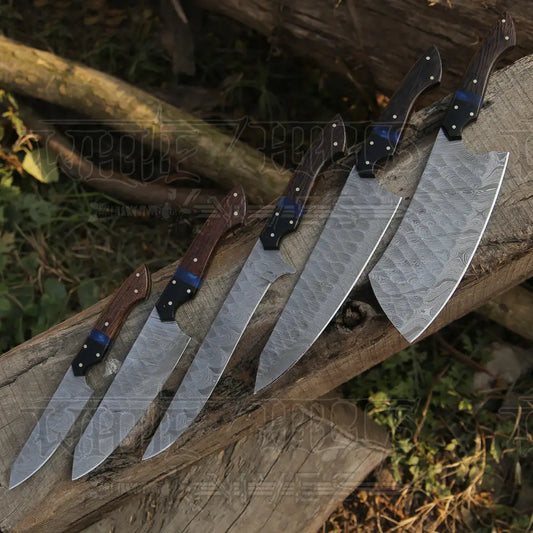 The Orchid - Handmade Damascus Chef Knife Set 5 Pieces Forged Kitchen