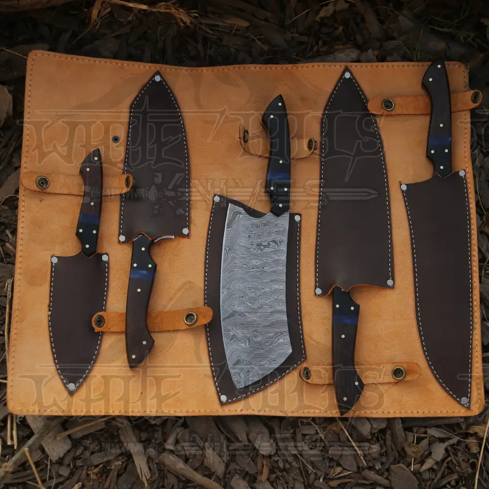 The Orchid - Handmade Damascus Chef Knife Set 5 Pieces Forged Kitchen