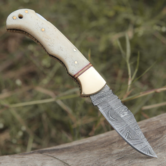 Custom Hand Forged Damascus Folding Knife Engraved Brass Bolster With Bone Handle Wh 1554