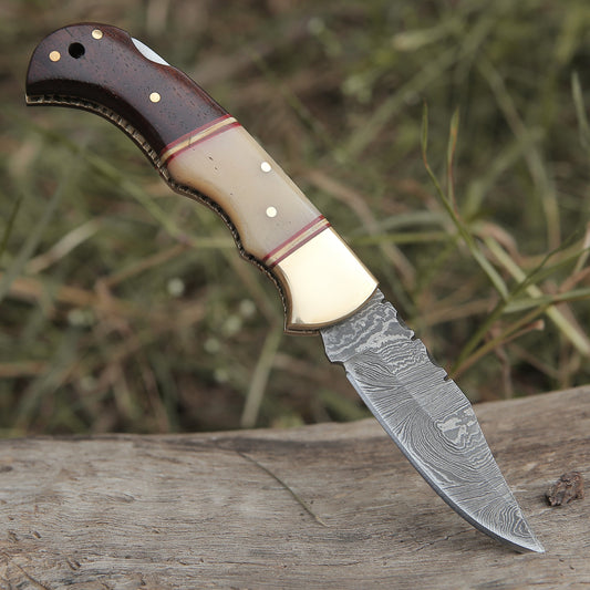 Custom Hand Forged Damascus Steel Folding Knife W/ Rose Wood & Bone Handle Wh 1280