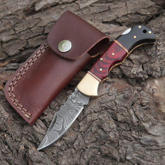 Custom Hand Made Damascus Steel Hunting Folding Knife With Brass Bolster & Bull Horn Wood Handle Wh