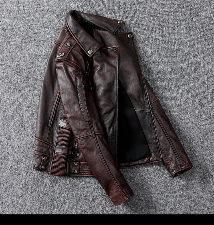 Vintage Brown Motorcycle Leather Jacket - Genuine Cowhide Leather Jacket For Men White Hills Knives