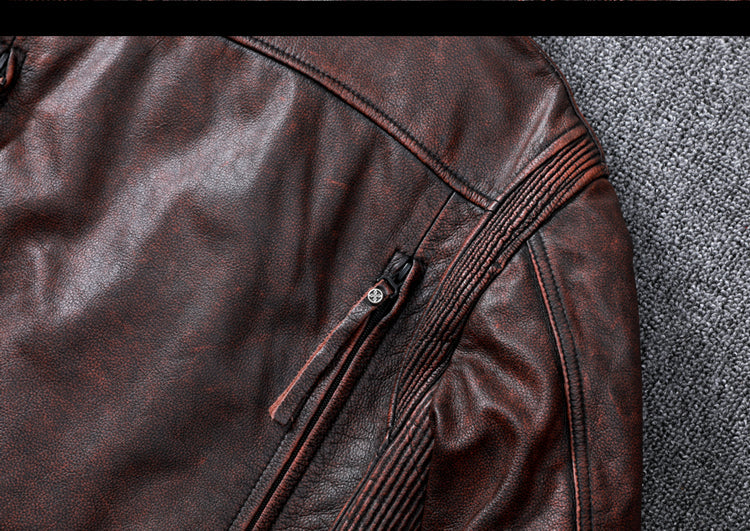 Vintage Brown Motorcycle Leather Jacket - Genuine Cowhide Leather Jacket For Men White Hills Knives