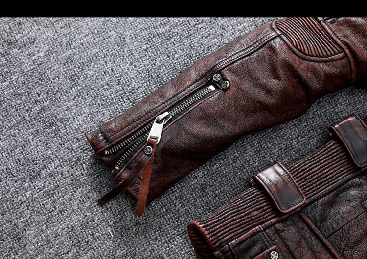 Vintage Brown Motorcycle Leather Jacket - Genuine Cowhide Leather Jacket For Men White Hills Knives