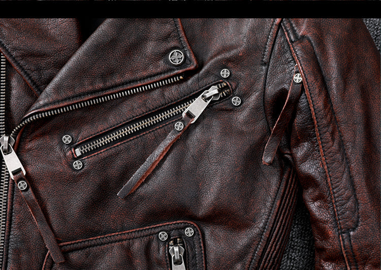 Vintage Brown Motorcycle Leather Jacket - Genuine Cowhide Leather Jacket For Men White Hills Knives