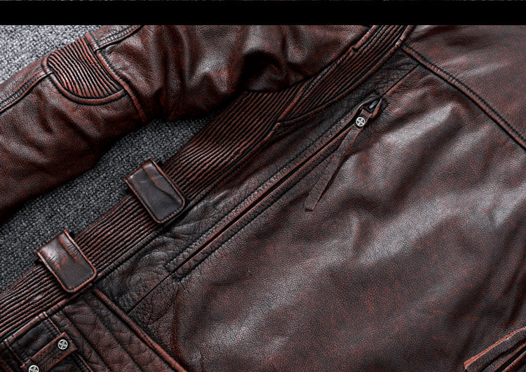 Vintage Brown Motorcycle Leather Jacket - Genuine Cowhide Leather Jacket For Men White Hills Knives