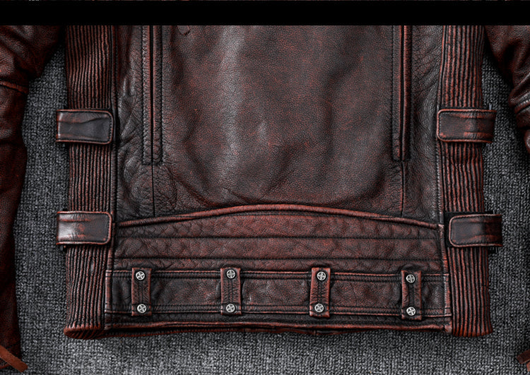 Vintage Brown Motorcycle Leather Jacket - Genuine Cowhide Leather Jacket For Men White Hills Knives