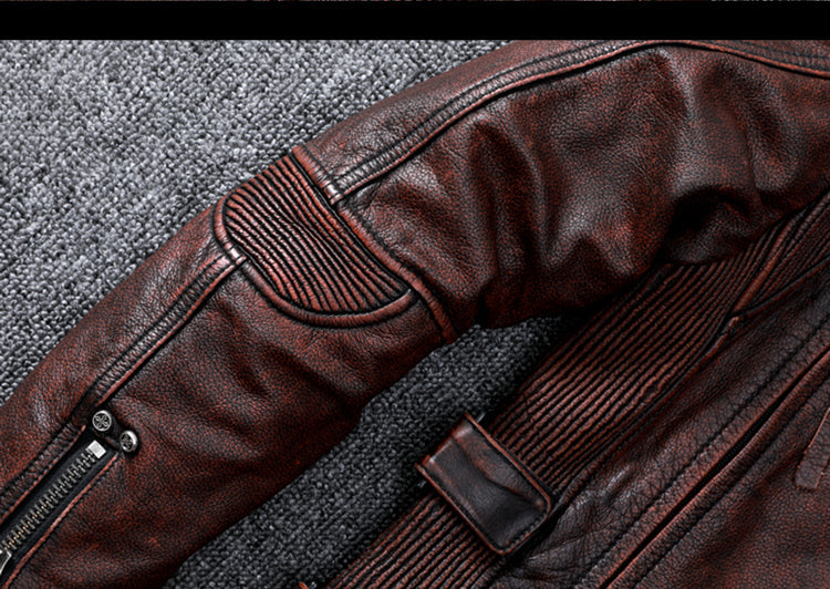 Vintage Brown Motorcycle Leather Jacket - Genuine Cowhide Leather Jacket For Men White Hills Knives