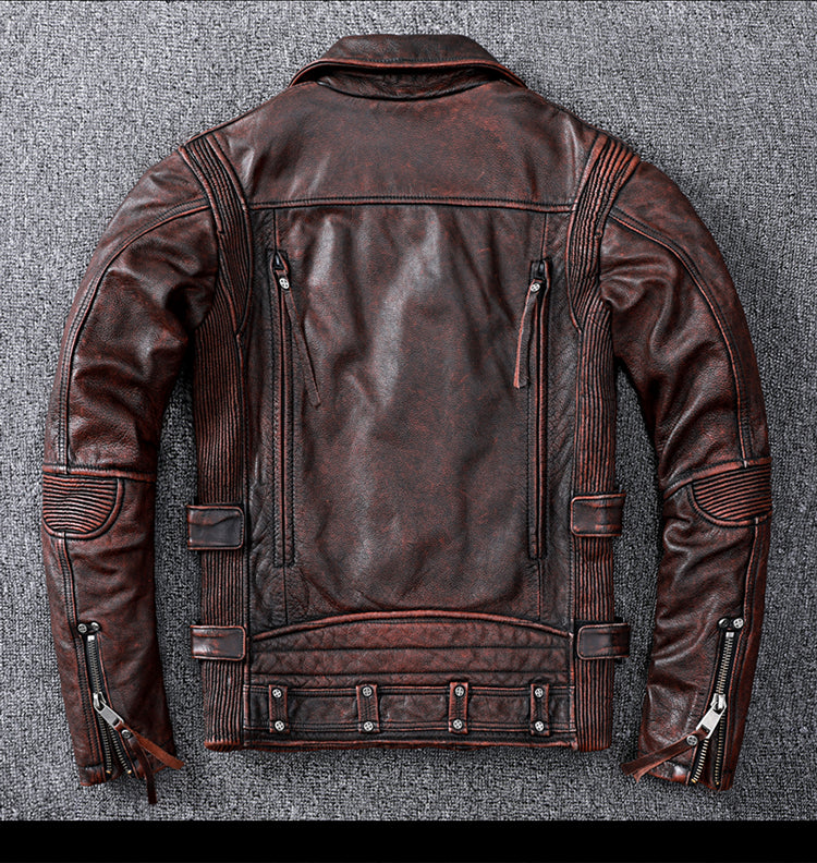 Vintage Brown Motorcycle Leather Jacket - Genuine Cowhide Leather Jacket For Men White Hills Knives
