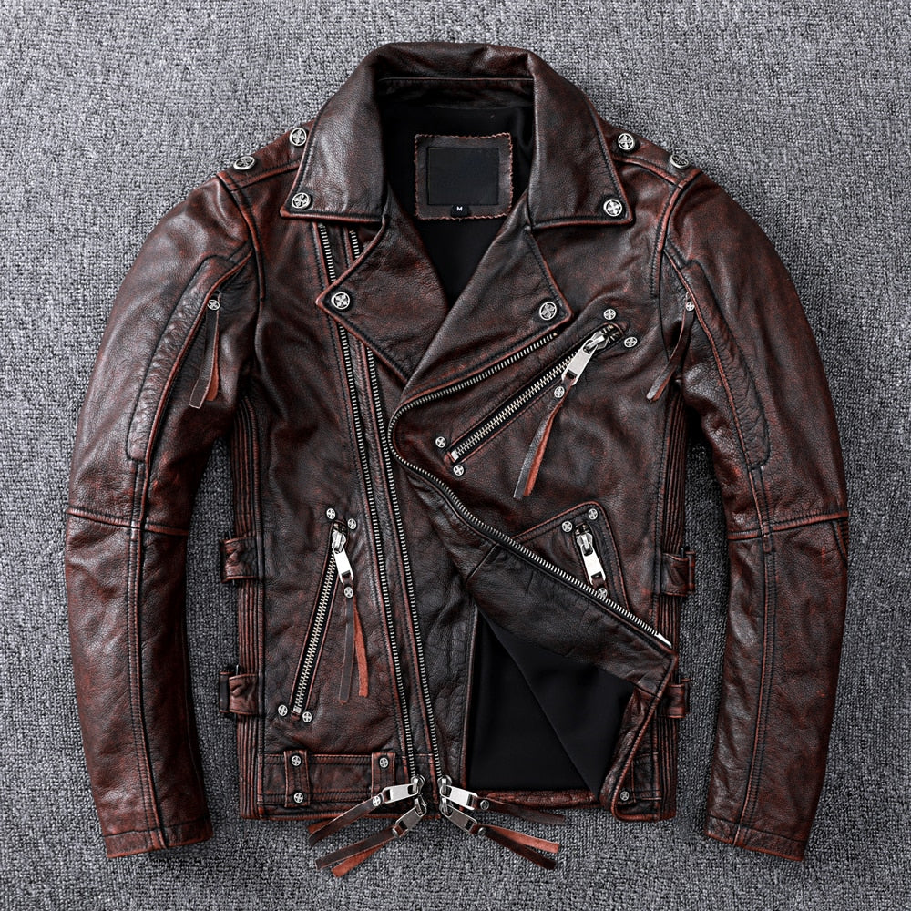 Vintage Brown Motorcycle Leather Jacket - Genuine Cowhide Leather Jacket For Men White Hills Knives
