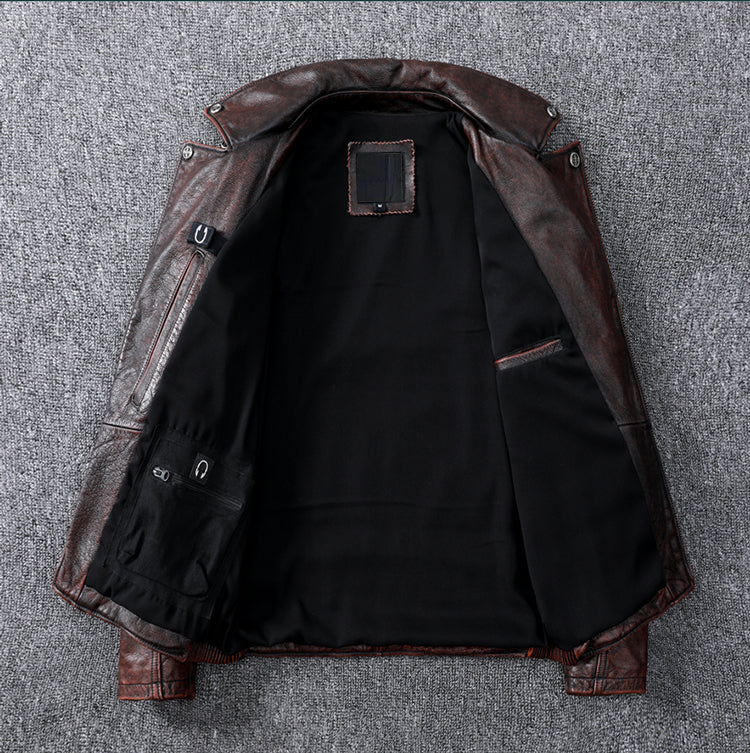 Vintage Brown Motorcycle Leather Jacket - Genuine Cowhide Leather Jacket For Men White Hills Knives