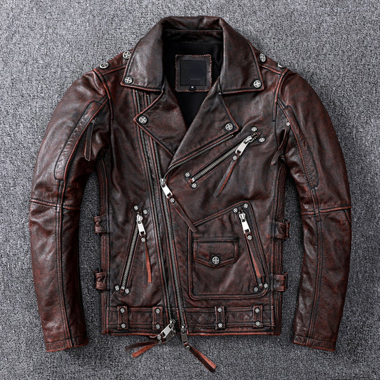 Vintage Brown Motorcycle Leather Jacket - Genuine Cowhide Leather Jacket For Men White Hills Knives