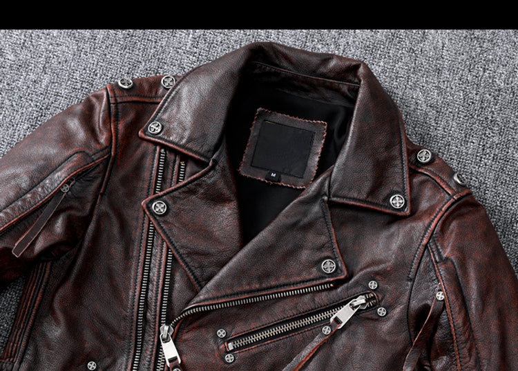 Vintage Brown Motorcycle Leather Jacket - Genuine Cowhide Leather Jacket For Men White Hills Knives