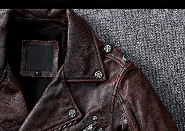 Vintage Brown Motorcycle Leather Jacket - Genuine Cowhide Leather Jacket For Men White Hills Knives