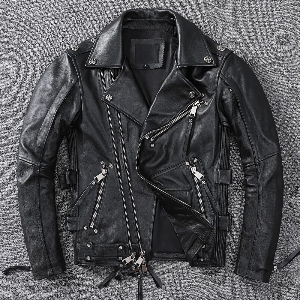 Vintage Brown Motorcycle Leather Jacket - Genuine Cowhide Leather Jacket For Men White Hills Knives