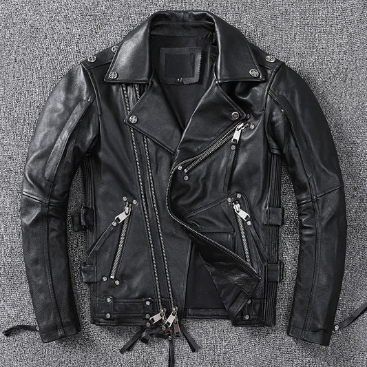 Vintage Brown Motorcycle Leather Jacket - Genuine Cowhide Leather Jacket For Men White Hills Knives