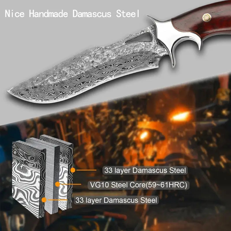 10" Hand-Forged Damascus Full Tang Knife With Wooden Handle | Damascus Steel Blade - White Hills Knives