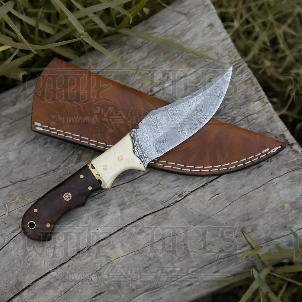 10 Custom Hand Forged Damascus Steel Full Tang Hunting Knife - Wood & Bone Handle H-027 Skinner