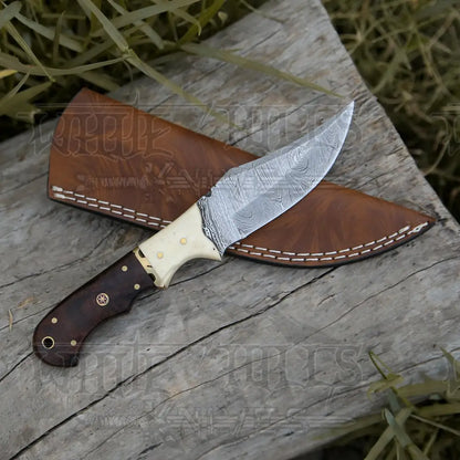 10 Custom Hand Forged Damascus Steel Full Tang Hunting Knife - Wood & Bone Handle H-027 Skinner