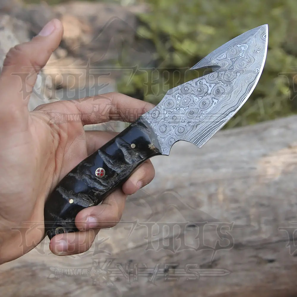 10 Custom Hand Forged Damascus Steel Full Tang Skinner Knife With Gut Hook - Ram Horn Handle