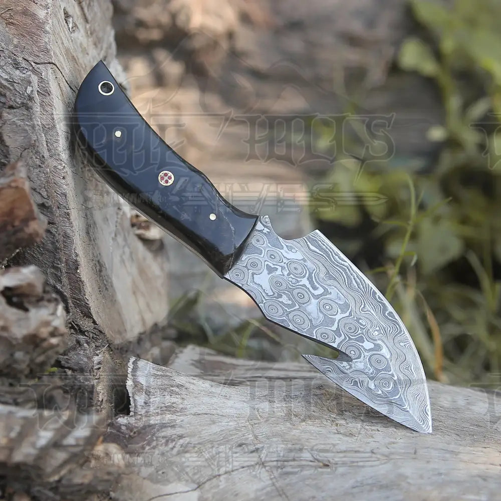 10 Custom Hand Forged Damascus Steel Full Tang Skinner Knife With Gut Hook - Ram Horn Handle