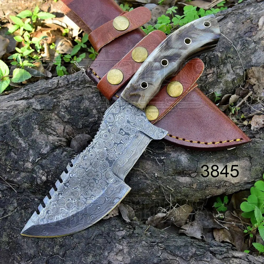 10Custom Hand Made Forged Damascus Steel Tracker Hunting Camping Knife With Ram Horn Handle Wh 3845