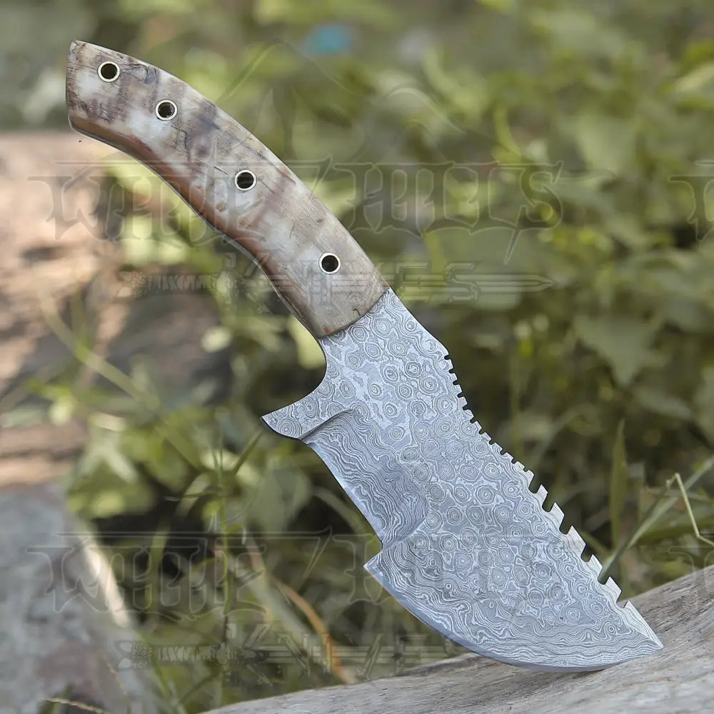 10Custom Hand Made Forged Damascus Steel Tracker Hunting Camping Knife With Ram Horn Handle Wh 3845