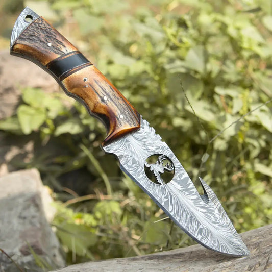 11 Custom Hand Forged Damascus Steel Full Tang Skinner Knife With Gut Hook - Stag Handle