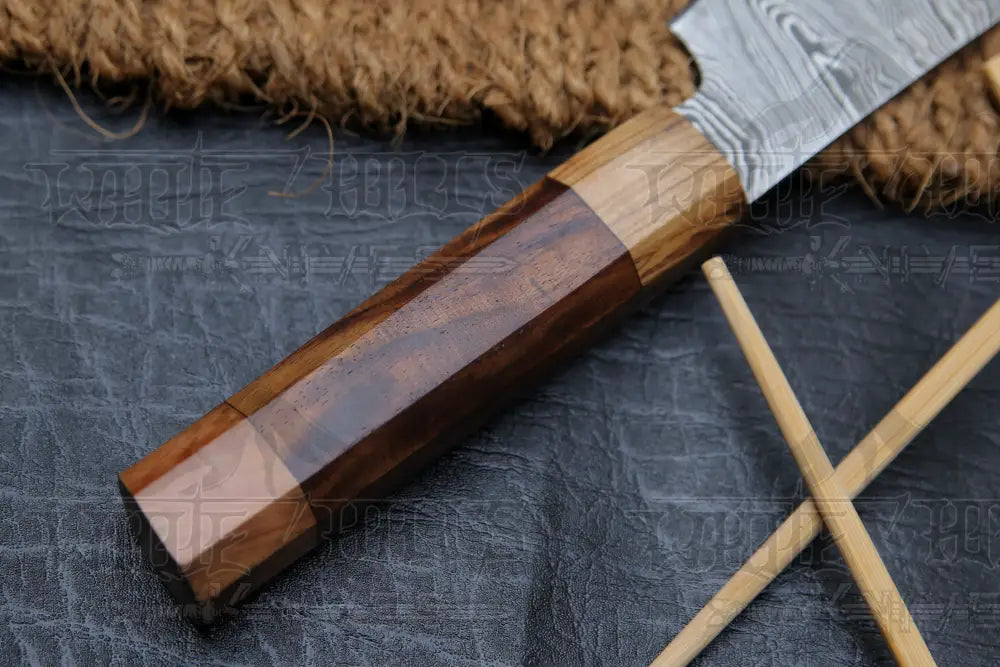 11 Handmade Santoku Damascus Chef Knife Olive Wood & Dark Wood Handle With Leather Sheath