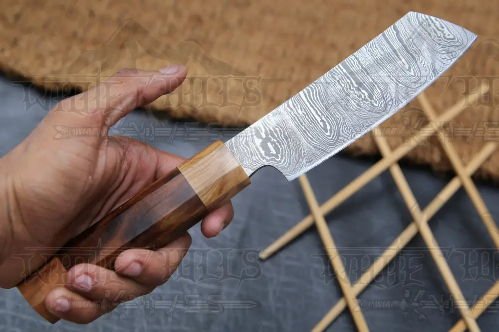 11 Handmade Santoku Damascus Chef Knife Olive Wood & Dark Wood Handle With Leather Sheath