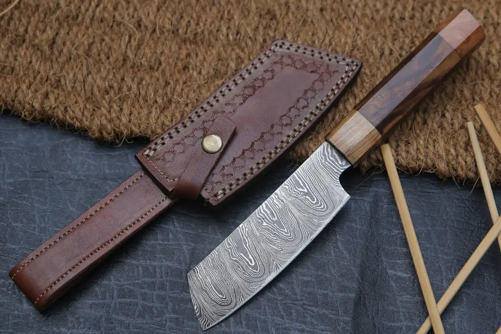 11 Handmade Santoku Damascus Chef Knife Olive Wood & Dark Wood Handle With Leather Sheath