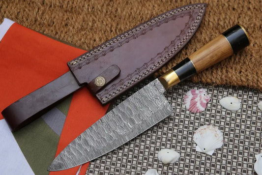 13 Handmade Santoku Damascus Chef Knife Buffalo Horn With Olive Wood Handle