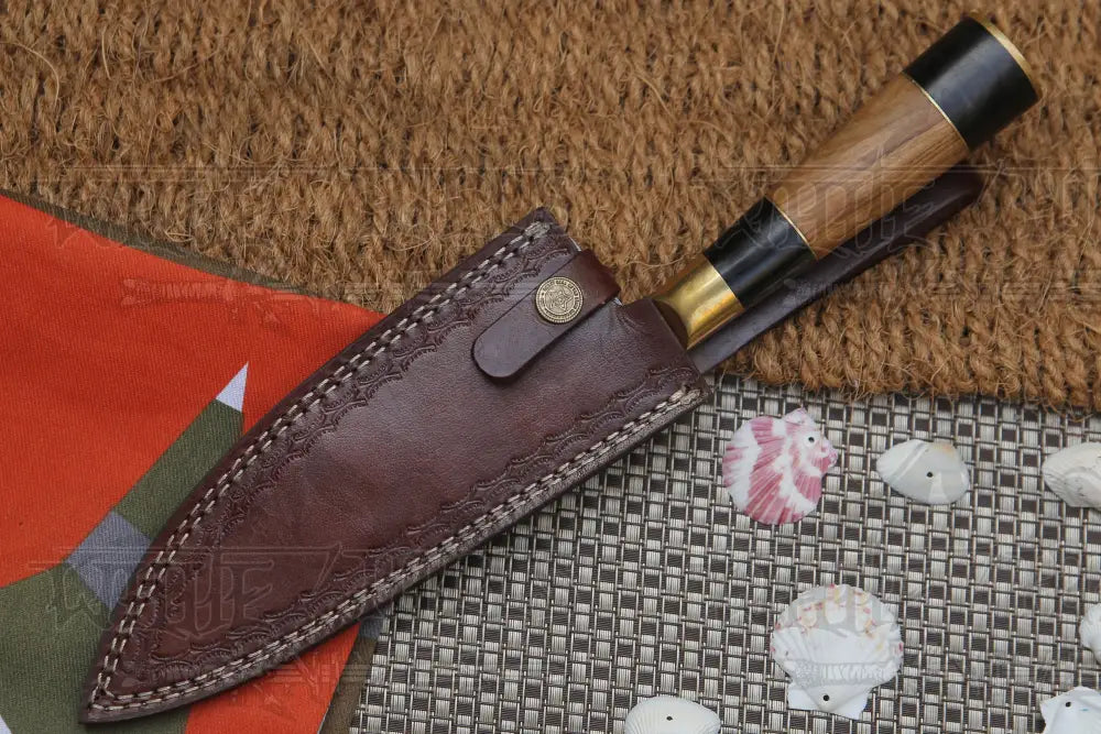 13 Handmade Santoku Damascus Chef Knife Buffalo Horn With Olive Wood Handle