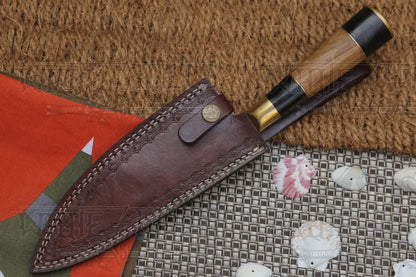 13 Handmade Santoku Damascus Chef Knife Buffalo Horn With Olive Wood Handle