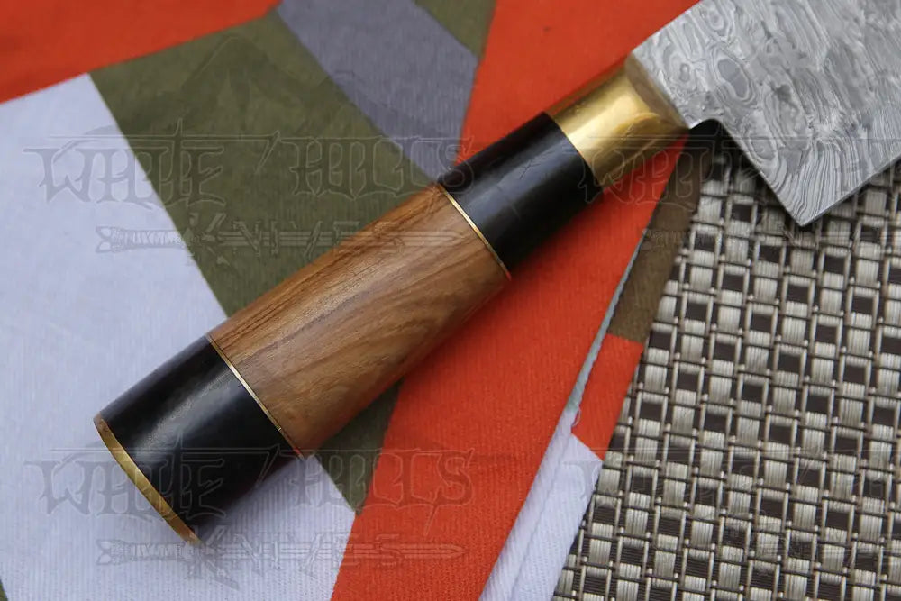 13 Handmade Santoku Damascus Chef Knife Buffalo Horn With Olive Wood Handle