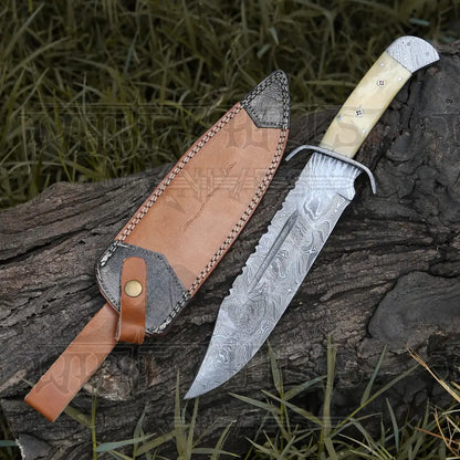 15 Handmade Damascus Steel Bowie Knife- Full Tang - Camel Bone Handle Knife