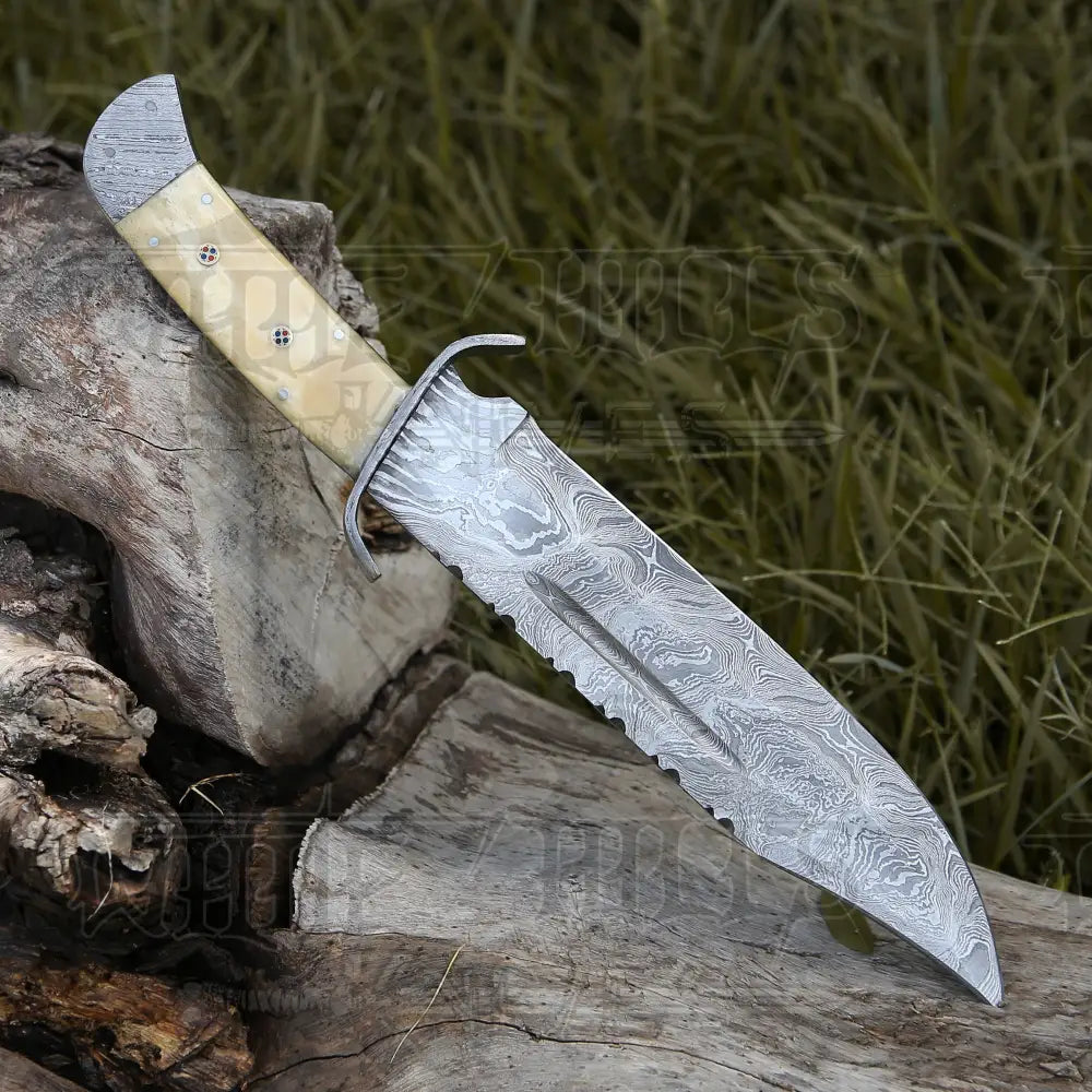 15 Handmade Damascus Steel Bowie Knife- Full Tang - Camel Bone Handle Knife