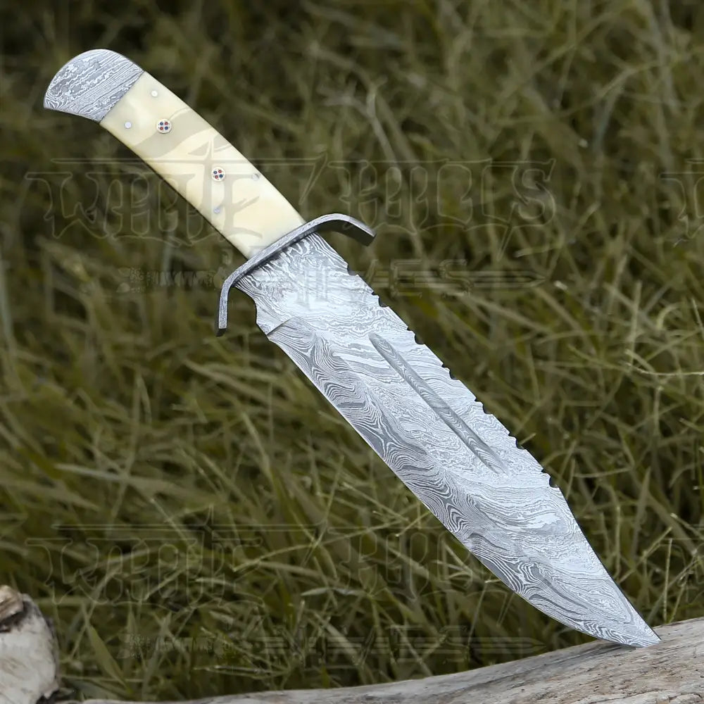 15 Handmade Damascus Steel Bowie Knife- Full Tang - Camel Bone Handle Knife