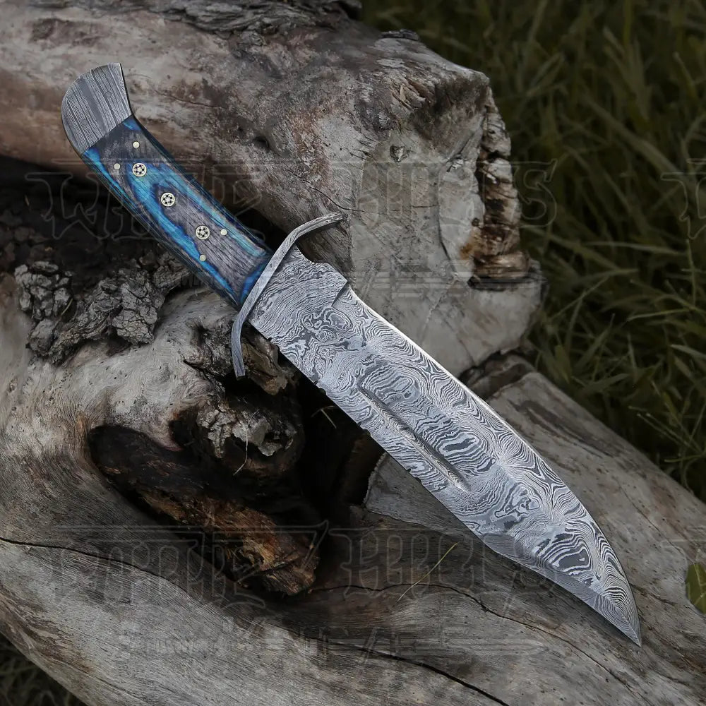 15 Handmade Damascus Steel Bowie Knife- Full Tang - Colored Wood Handle Knife