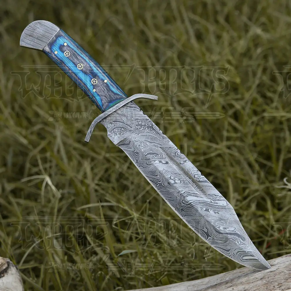15 Handmade Damascus Steel Bowie Knife- Full Tang - Colored Wood Handle Knife
