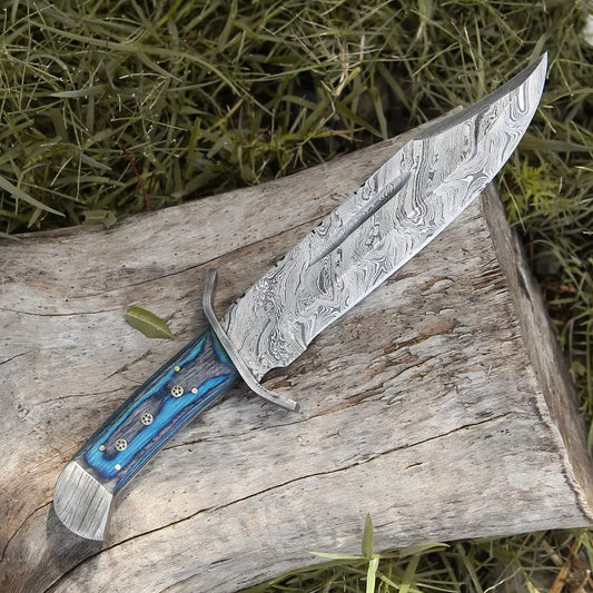 15 Handmade Damascus Steel Bowie Knife- Full Tang - Colored Wood Handle Knife