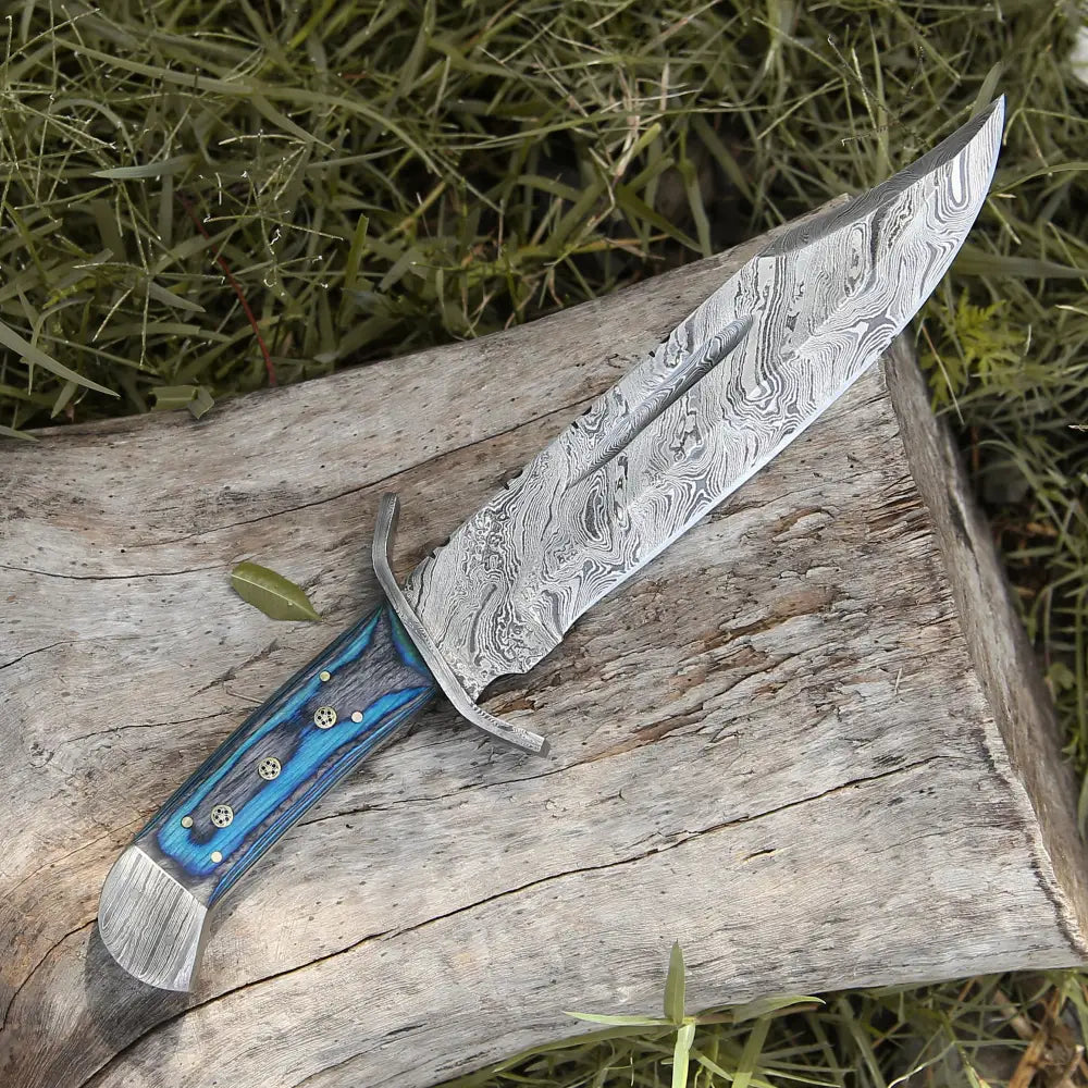 15 Handmade Damascus Steel Bowie Knife- Full Tang - Colored Wood Handle Knife