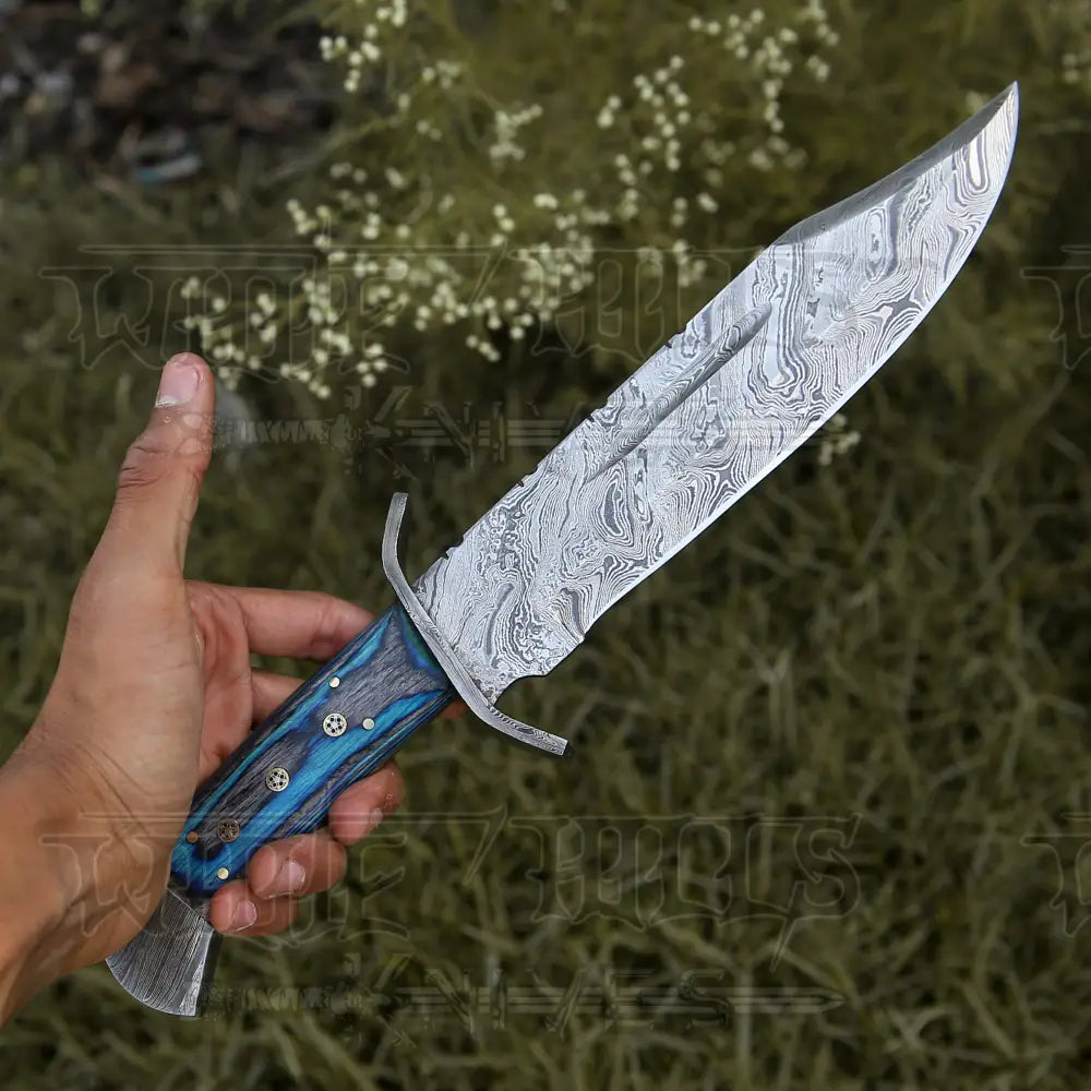 15 Handmade Damascus Steel Bowie Knife- Full Tang - Colored Wood Handle Knife