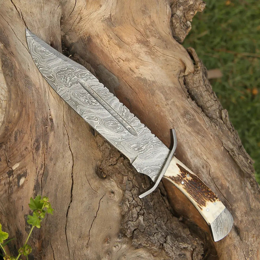 15 Handmade Damascus Steel Bowie Knife- Full Tang - Stag Antler Handle Knife