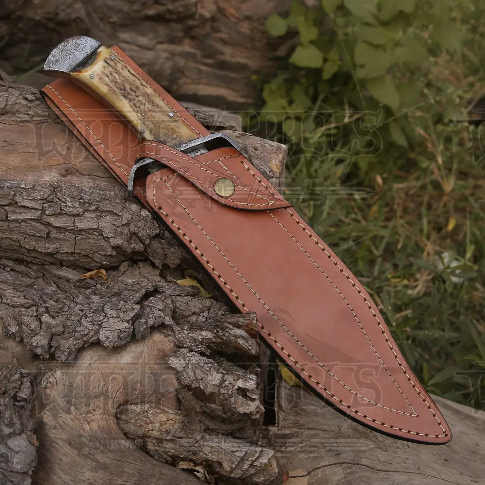 15 Handmade Damascus Steel Bowie Knife- Full Tang - Stag Antler Handle Knife