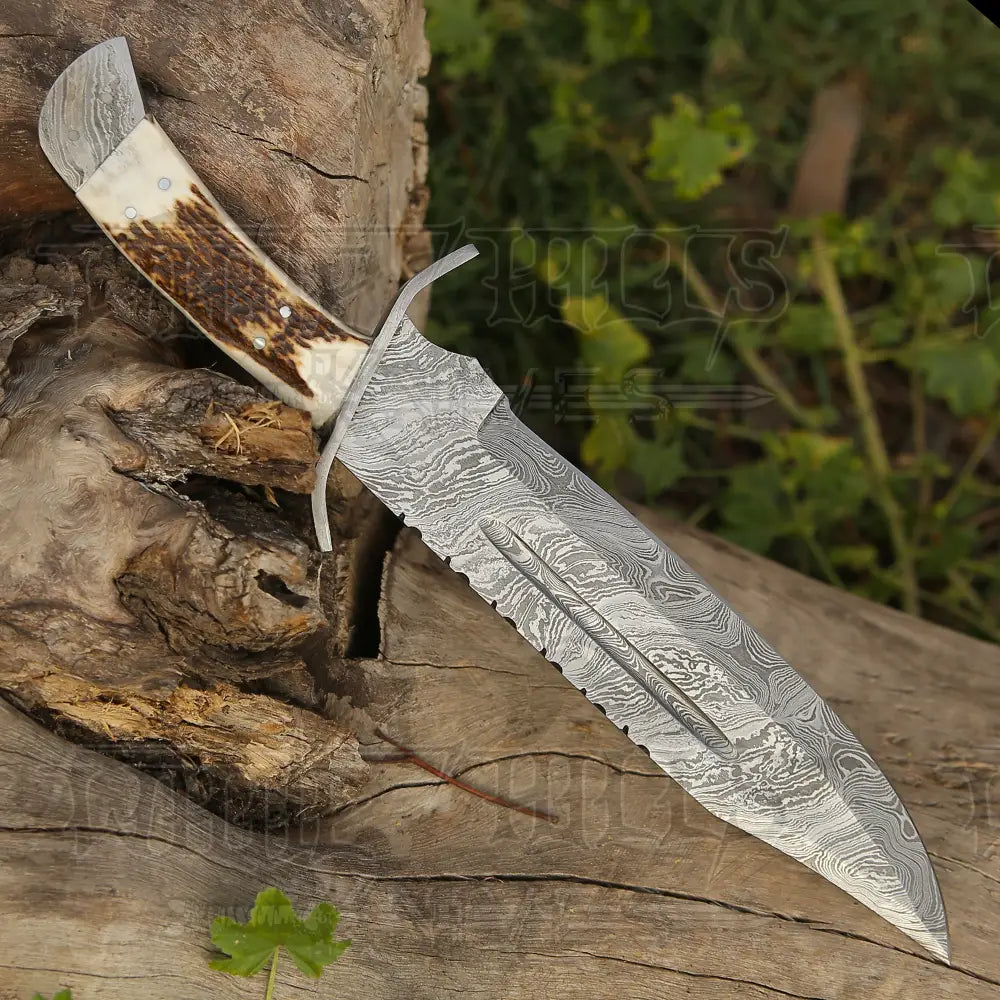 15 Handmade Damascus Steel Bowie Knife- Full Tang - Stag Antler Handle Knife