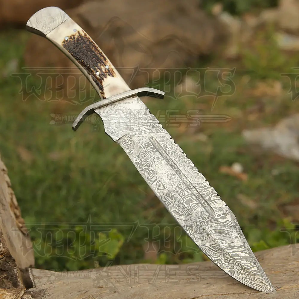 15 Handmade Damascus Steel Bowie Knife- Full Tang - Stag Antler Handle Knife