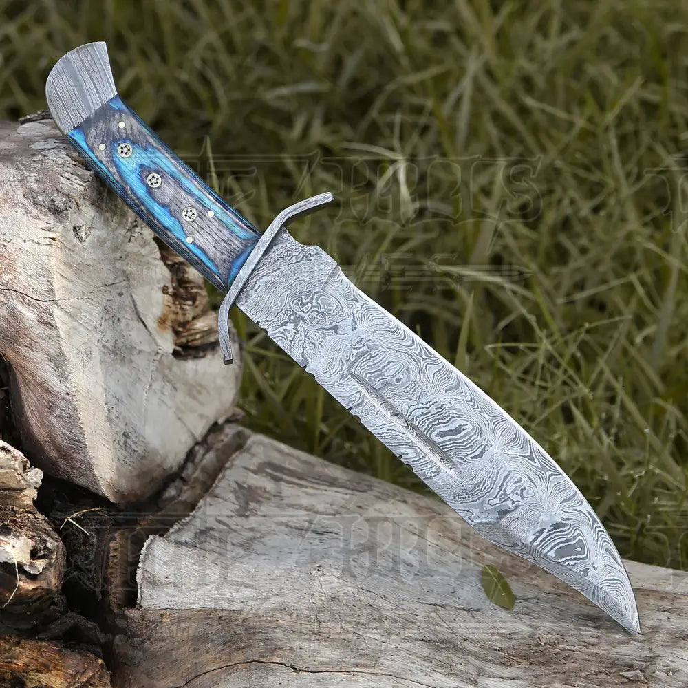 15 Handmade Damascus Steel Bowie Knife- Full Tang - Colored Wood Handle Knife